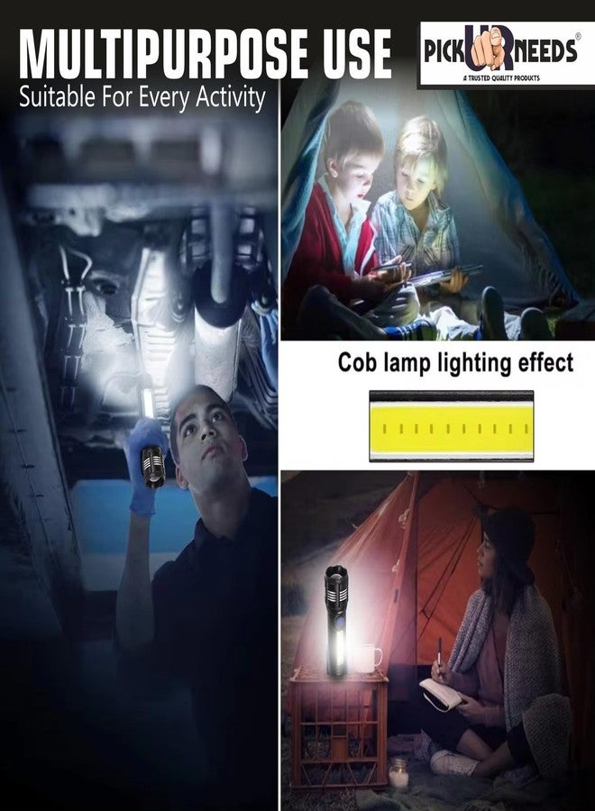 Pick Ur Needs Rechargeable Mini Pocket Torch with High Brightness 3 Type Light + Side COB LED Light Zoom-in and Zoom Out Adjustable Focus Emergency Torch - Image 4